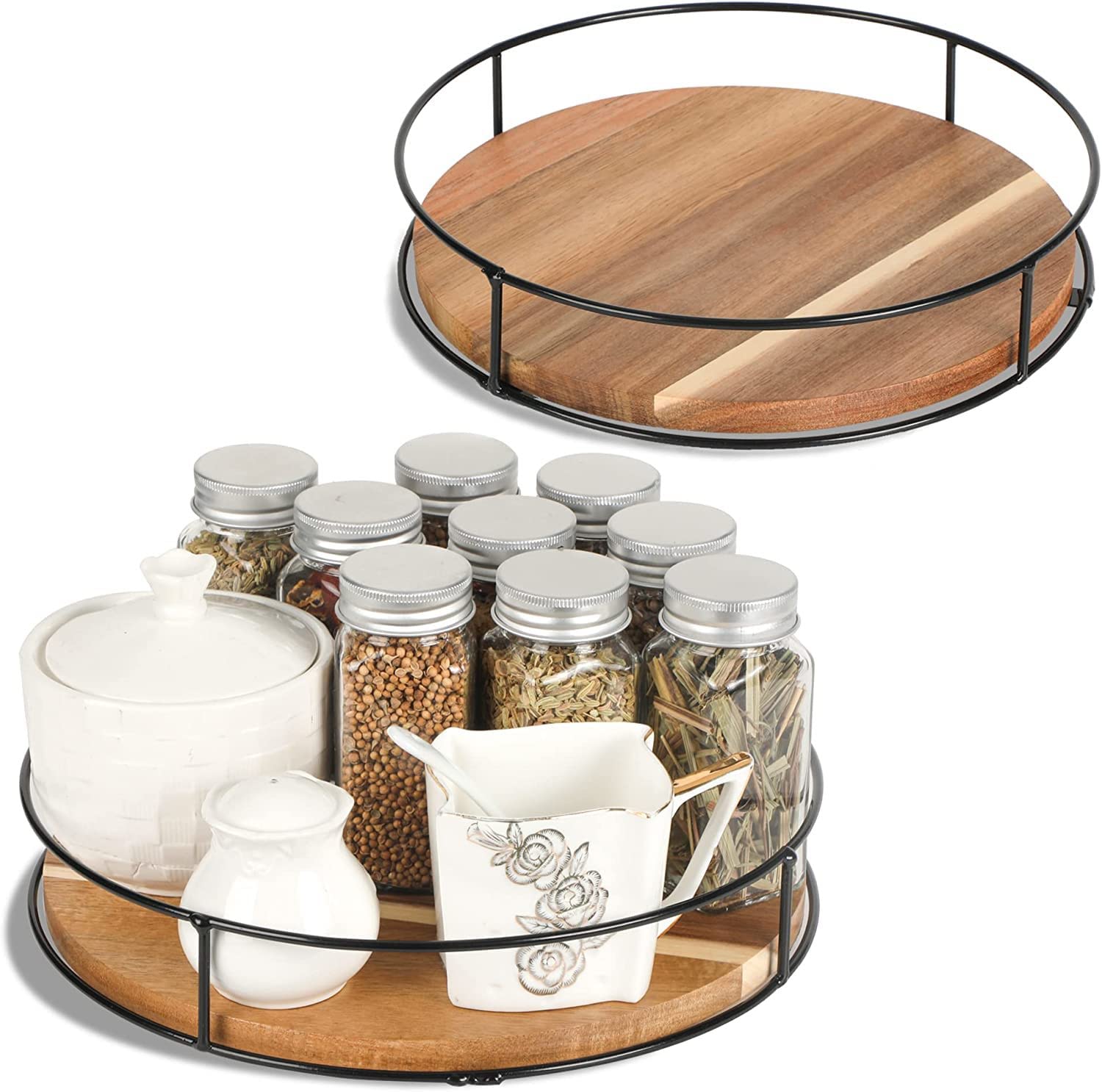 Farmhouse 9" Lazy Susan Turntable Organizer for Table Top, Round Wooden Lazy Susan for Cabinet Kitchen Countertop Pantry Coffee Table for Condiments Spices, Bathroom Vanity Tray for Soap Candle