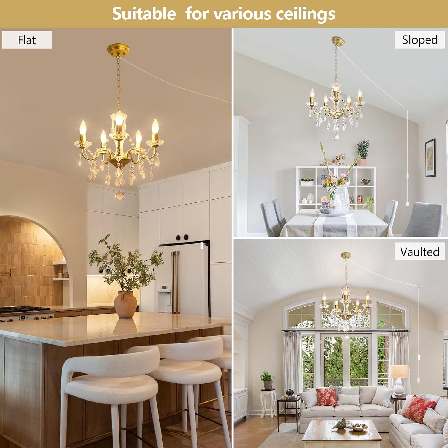 Plug in Modern 5-Light Gold Chandelier with Glass Crystals, Candle Style Pendant Light Fixtures for Living Room, Girls Room, Kitchen Island, Entryway