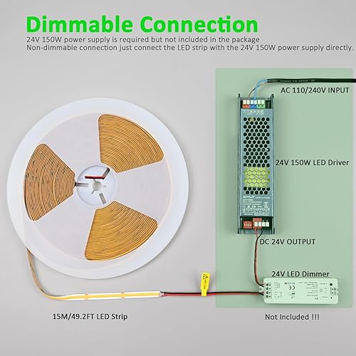 Miniatura 8 de JOYLIT Tira de luces LED COB de 49.2 pies49.2 ft, 24 V, 4000 K, blanco natural para interiores, 480 LEDsM de alta densidad, CRI 90+, cinta flexible