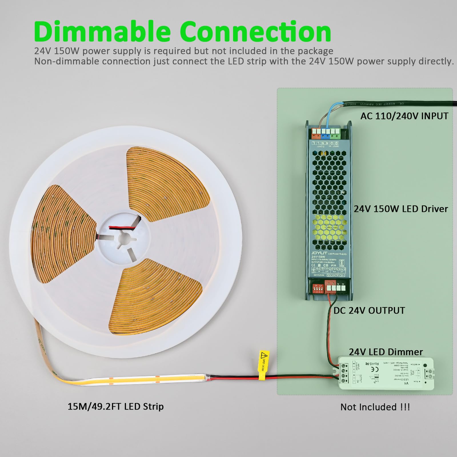 JOYLIT 15M Striscia LED COB 24V Bianca Natural 4000K, 480LED/M CRI 90+ 10500LM Alta Luminosità Dimmable Autoadesivo LED Strip Per Camera da Letto, Armadietti Della Cucina (Alimentazione non Inclusa)