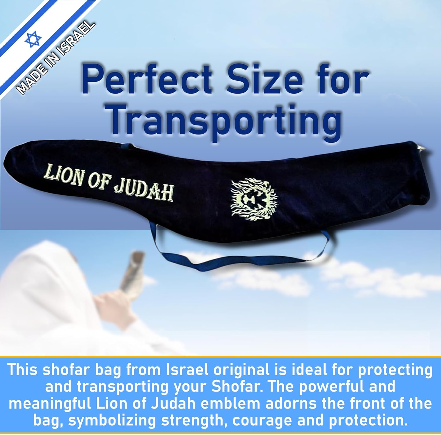 Lion Of Judah Long Velvet Yemenite Kudu kosher Shofar Bag Christian/Jewish