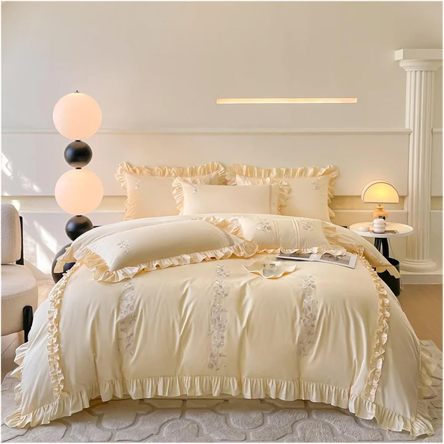 Yellow Pink French Ruffles Edge Flowers Embroidery Cotton Bedding Set Duvet Cover Set Bed Sheet Or Fitted Sheet Pillowcases,Bed