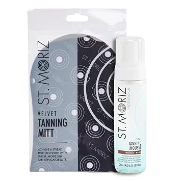 St. Moriz Professional Clear Medium to Dark Self Tanner Mousse & Velvet Tanning Mitt Bundle - Clear Self Tanning Foam for a Natural Looking Fake Tan, with Aloe Vera & Vitamin E 6.76 Fl Oz