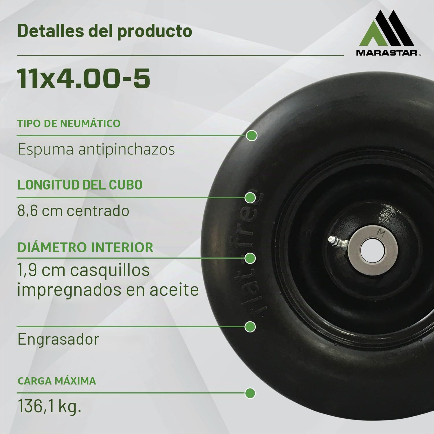 MARASTAR 00232 - Neumáticos y montaje de rueda - Ajuste universal - Flat-Free - 11 x 4.00-5 - Neumáticos de repuesto para cortacésped Zero Turn - Superficie de rodamiento lisa - Kit adaptador incluido