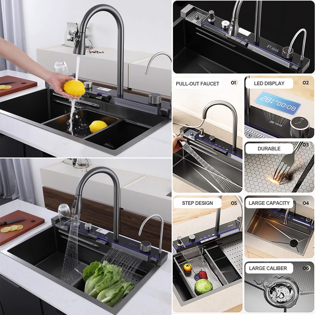 90x50 cm Lavello Cucina 1 Vasca,Lavello Da Cucina A Cascata In Acciaio Inox,Lavandino Cucina Nero Antracite,Lavelli da Cucina Con Rubinetto Estraibile,Sifone,Dispenser Sapone,Lavello Mobile E Tagliere