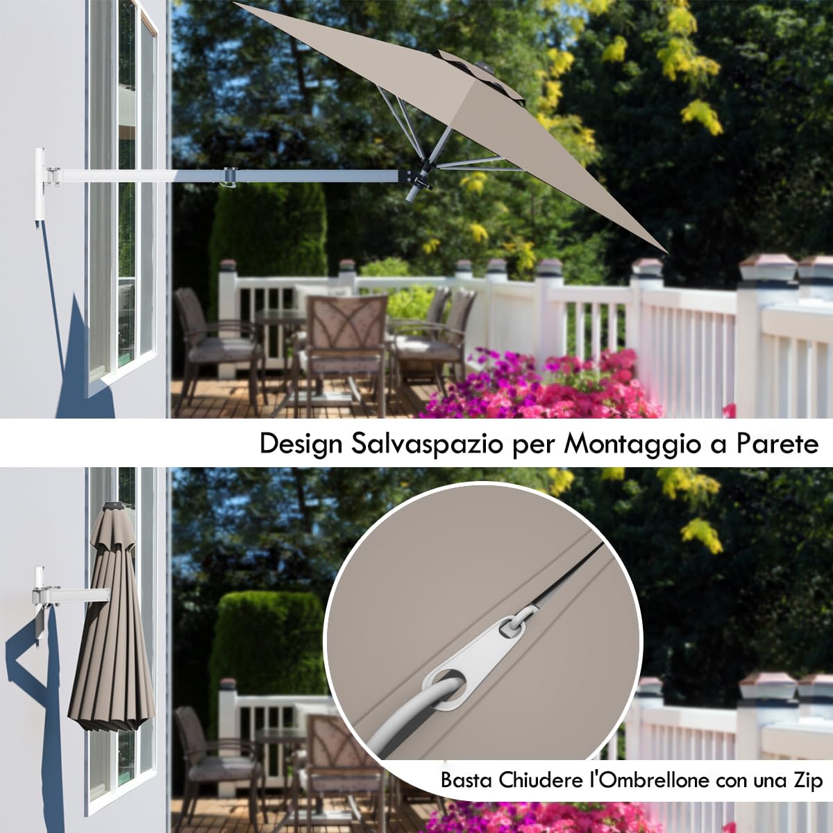 GYMAX Ombrellone da Parete a Braccio, con Testa Inclinabile e Supporto Regolabile, Ombrellone da Esterno con 8 Costole Robuste, per Balcone, Giardino, Cortile