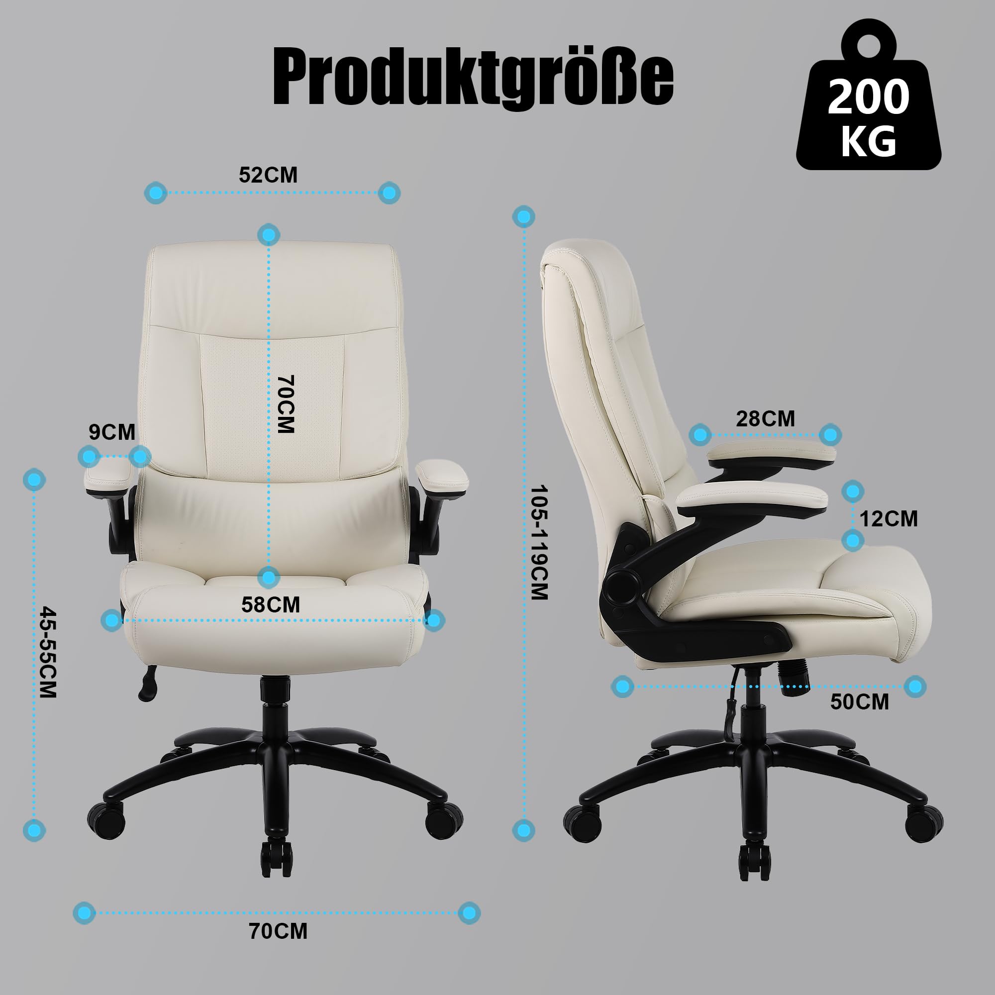 Youhauchair Bürostuhl 200kg für schwere Menschen, Chefsessel aus PU-Leder, Bürostuhl Ergonomisch mit hochklappbarer Armlehne, Schreibtischstuhl Office Chair für Home Office, Beige