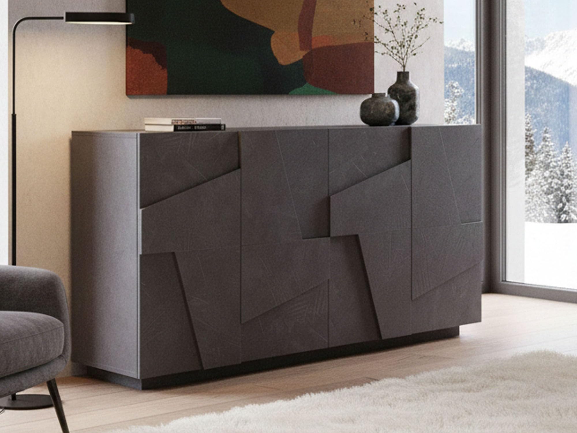 Dmora - Buffet Noel, Buffet de cuisine 4 portes, Buffet de salon, 100% Made in Italy, 162x44h86 cm, Ardoise