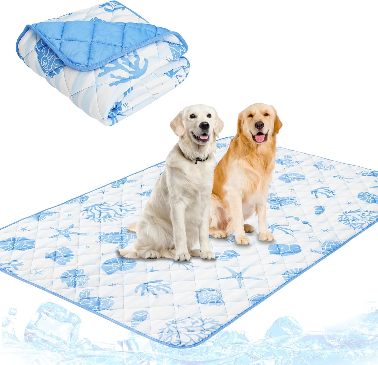 PUPTECK Dog Cooling Mat for Medium Large Dogs, Blanket for Kennels Crate Floor, Pets Cooling Pad, Dog Cat Summer Sleeping Outside, White & Blue Shell X-Large 40"x60"