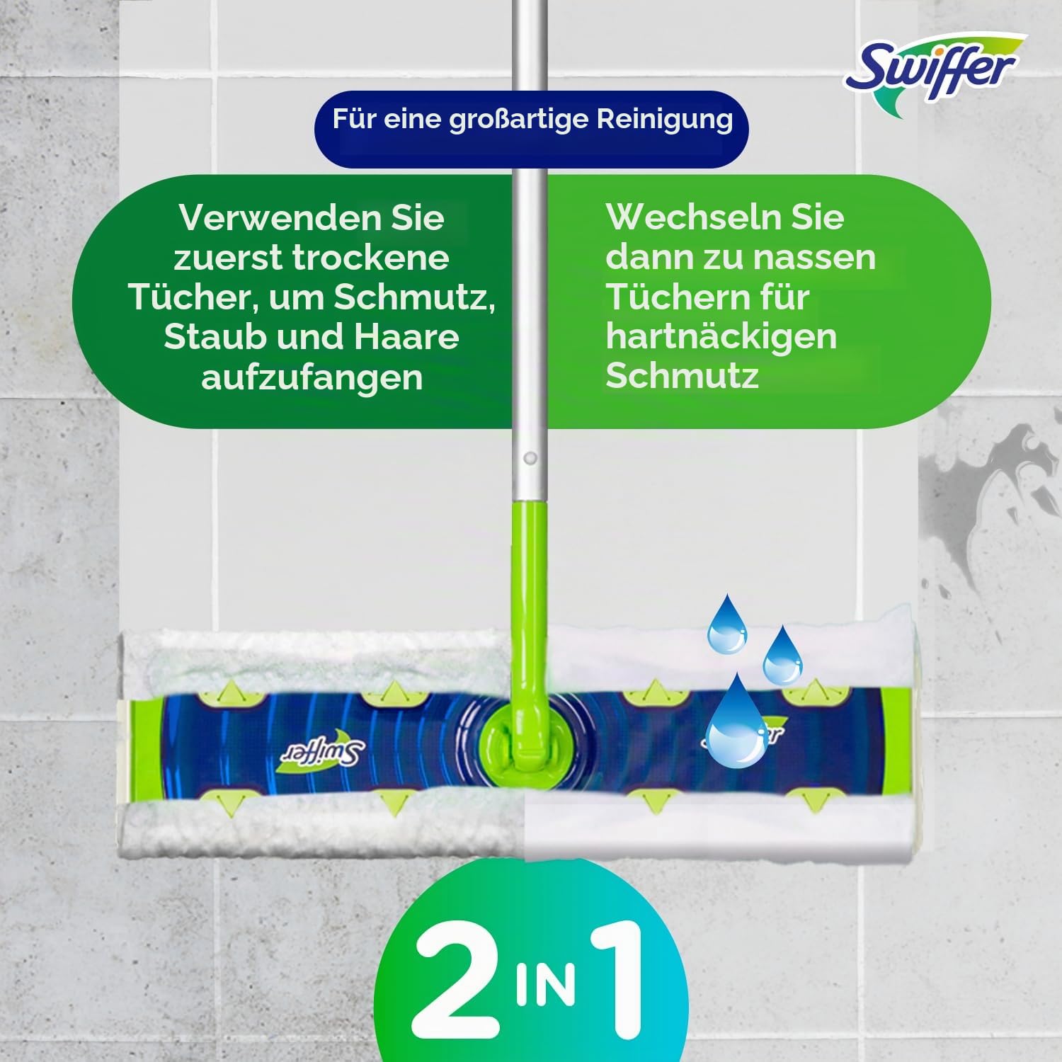 Swiffer Sweep + Mop XL, Besen & Mop Alternative, Bodenreiniger für Schmutz, Staub, Haare, Allzweck-Reinigungswerkzeug für Zuhause, Bad, Küche, Set beinhaltet 1 XL Kehrmaschine 8 XL Trockenpads 2 XL