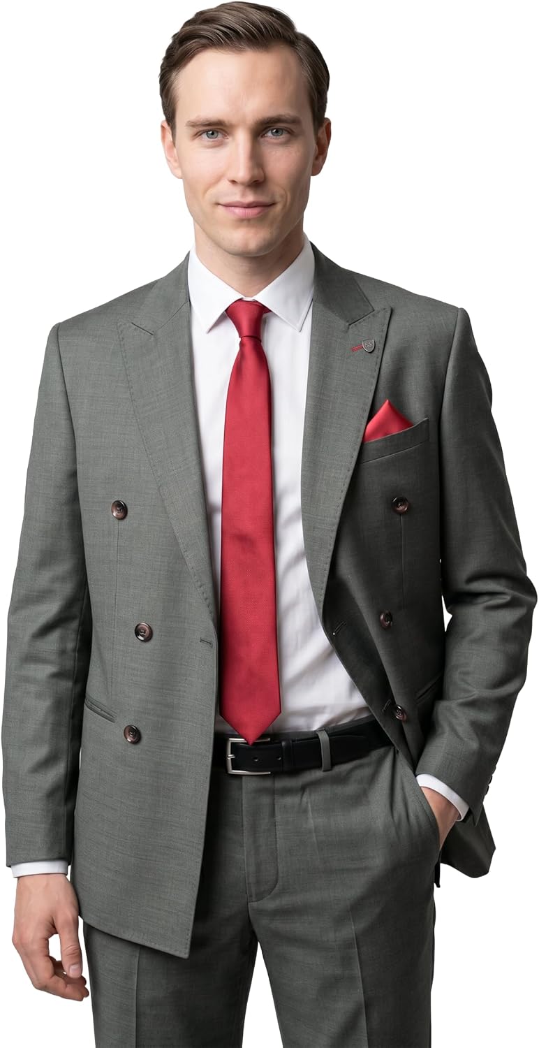 Men’s Dark Green Twill Double Breasted Suit 2 Piece Wedding Business Formal Set