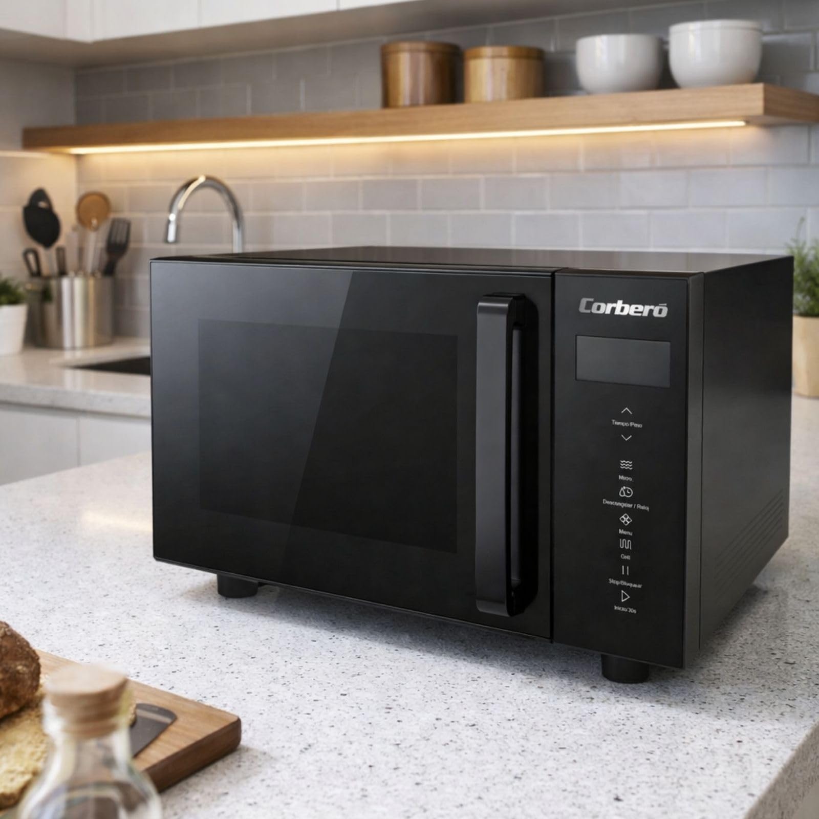 Corberó – Microonde senza piatto girevole con griglia | CMICW8023DF | 23L | 800W | Auto Menu | 5 Livelli di Potenza | Digital Touch | Funzione Sbrinamento | Pizza | Nero