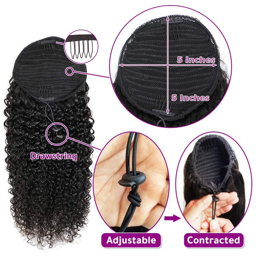 Curly Human Hair Ponytail Weave with Wrap Drawstring 3C Brazilian Hair Natural Color Afro Kinky Curly Hair Piece Clip-in Extensions Hair Pieces for Women (26 Inch, Curly)