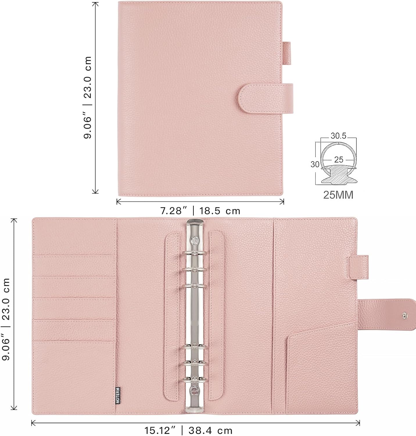 Moterm A5 Elite Rings Planner - Genuine Leather Binder Organizer without Big Back Pocket (Pebbled-Dusty Rose, 25mm Ring)