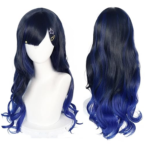 ANOGOL Gorro de pelo + peluca larga azul oscuro ombré, juego ondulado, colorido escenario cosplay, peluca para mujeres y niñas, peluca sintética