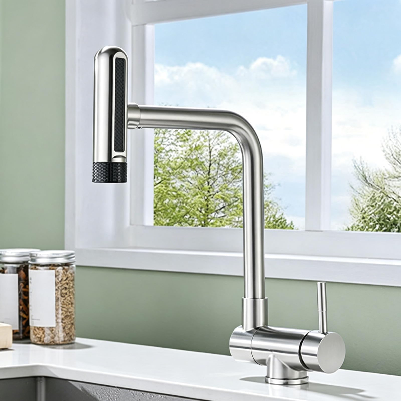 ZYCHSJXA Kitchen Taps Folding for Inside Window, Tap 360° Swivel Sink Mixer Stainless Steel-Brushed