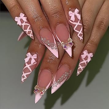 Bow Press on Nails Pink Fake Nails French Tip False Nail with Pearl Design Pink Line Glue on Nails Glossy Full Cover Artificial Acrylic Long Stiletto Stick on Nail for Women Girls Manicure 24Pcs