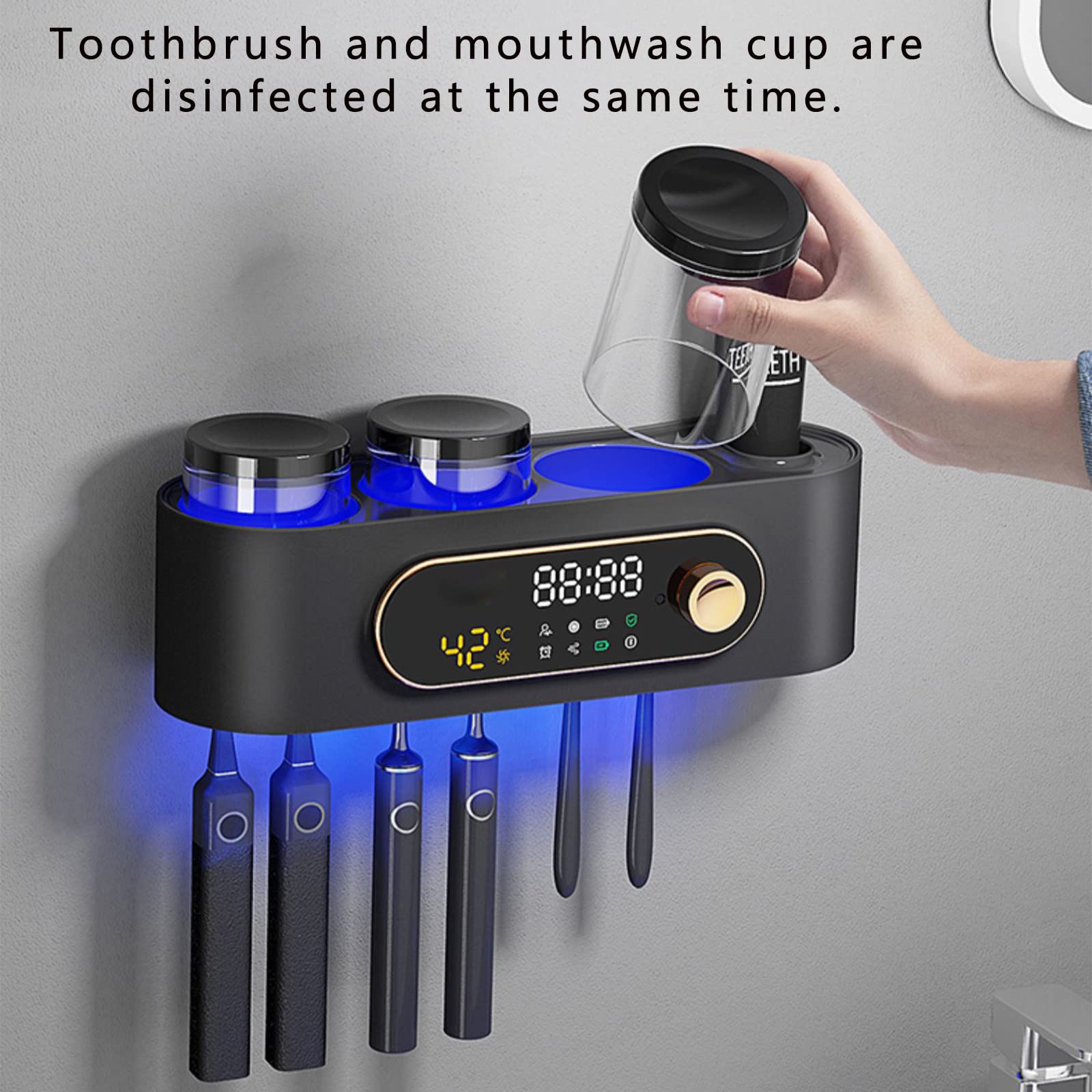 Porta Spazzolino Elettrico, Porta Spazzolino Parete, Bluetooth Porta Spazzolini Bagno con LED, Sterilizzatore per Funzione di Asciugatura Multifunzione Ricaricabile USB Nero
