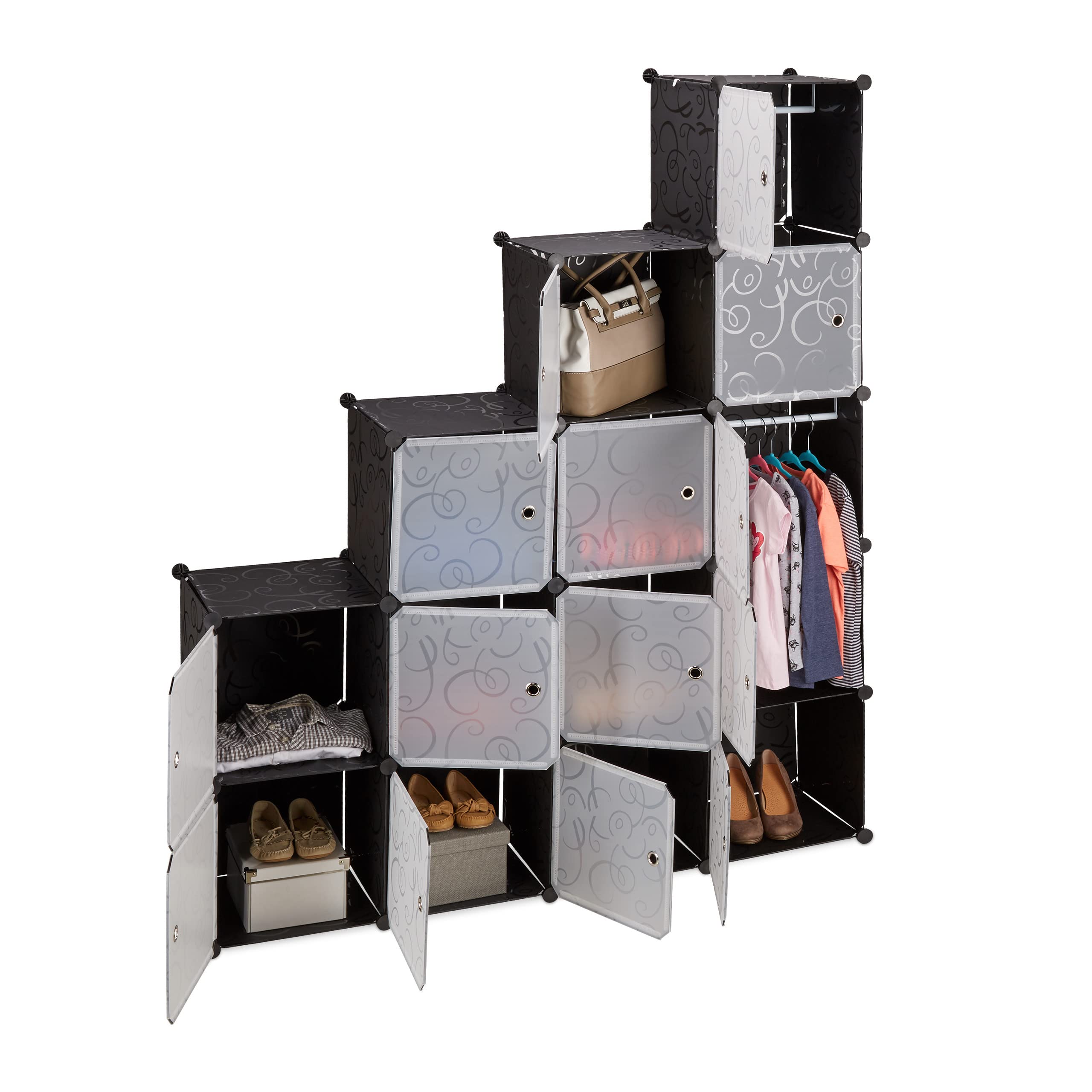 Relaxdays Regalsystem Kleiderschrank mit 11 Fächern, Garderobe mit 2 Kleiderstangen, DIY Kunststoff Steckregal, schwarz, 37 x 110 x 181 cm