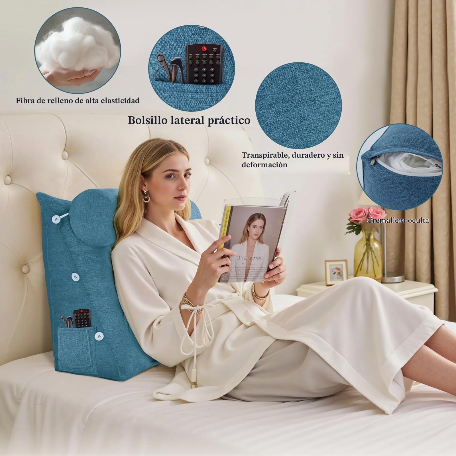 Almohada de Lectura de cuña para Cama, cojín de Lectura Ajustable, Almohada Triangular para sofá, Almohada de Apoyo Lumbar para Cuello y Espalda con Funda de Lino extraíble