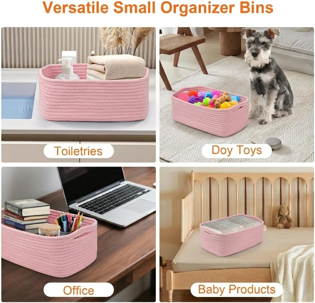 Small Storage Baskets for Organizing, Woven Storage Bins for Shelves, Gift Basket Empty, Cute Decorative Closet Organizer, Baby Rope Basket, Dog Toy Storage, 13.2x8.2x5.2”, 3Packs Pink