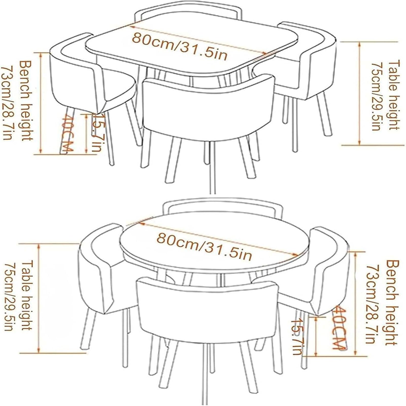 Mesa Comedor 4 Personas 80cm 90cm Redonda Cuadrada, sillas Respaldo U Piel PU/Lino algodón mobiliario Ahorra Espacio hogar Oficina,002,80cm/31.5in
