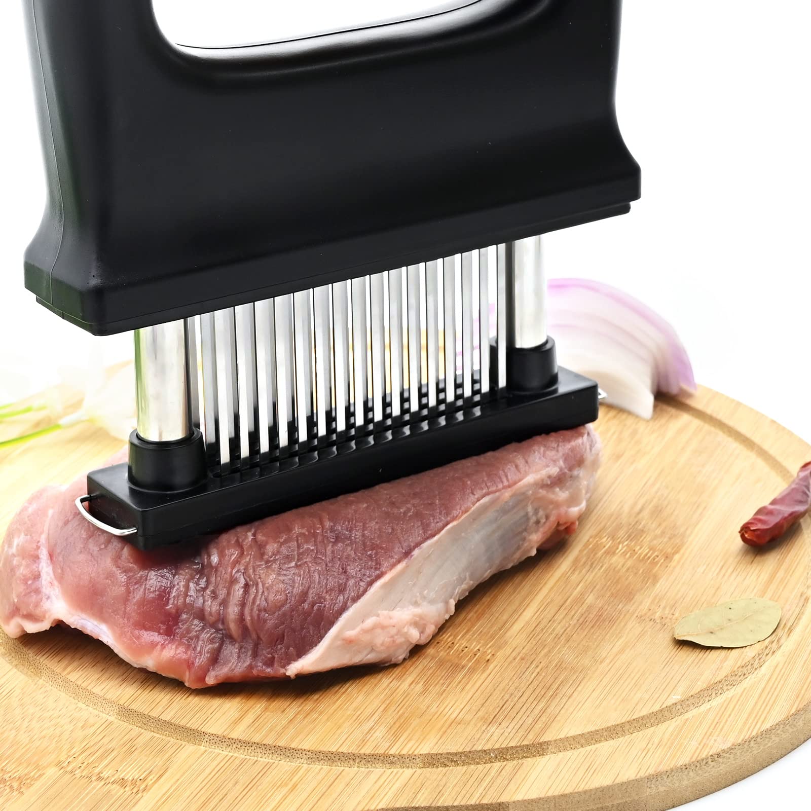 Batticarne Acciaio Inox, Ago Inteneritore per Carne con con Spazzola di Pulizia e 48 Lame in Acciaio Inossidabile, Strumento Inteneritore di Bistecca per la Lavorazione della Carne