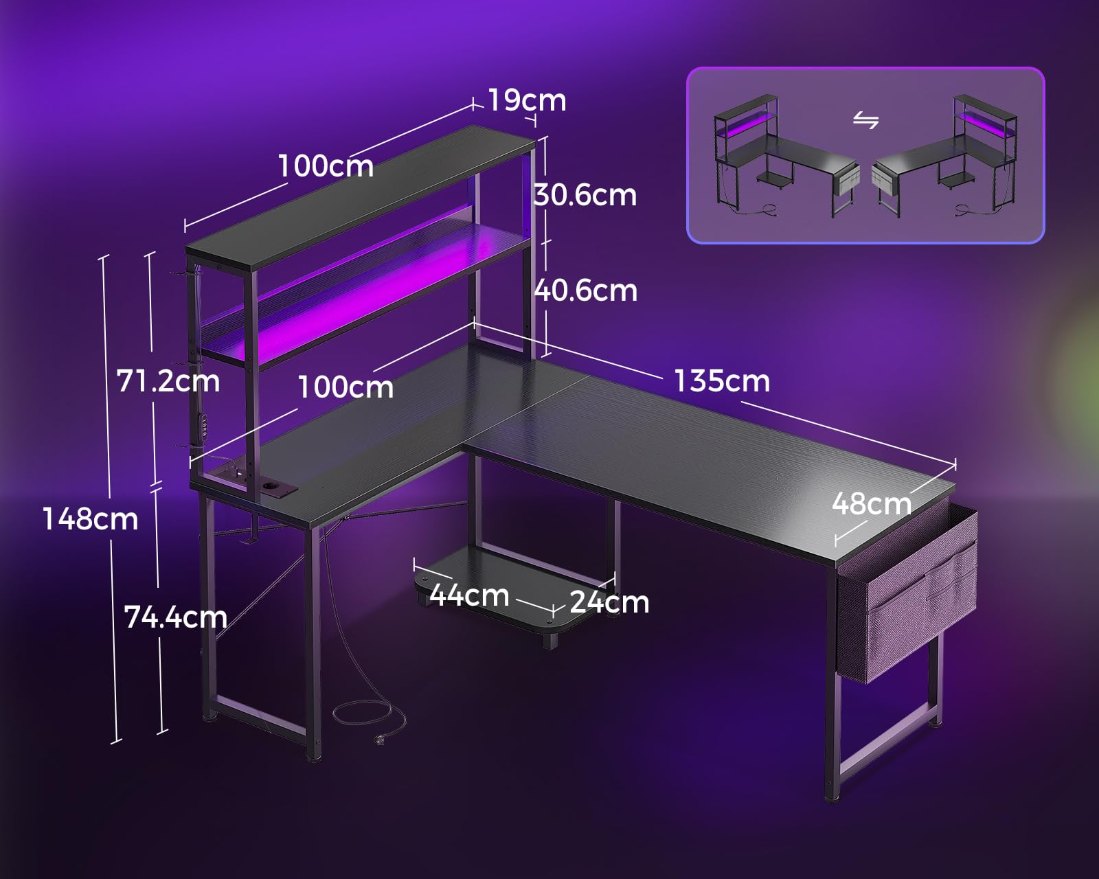 Coleshome Scrivania Gaming con LED e Prese, 135 × 100 cm Scrivania Gaming Angolare Reversibile con Scaffali Portaoggetti, Scrivania Angolare con Borsa Portaoggetti per Giocatori, Nero