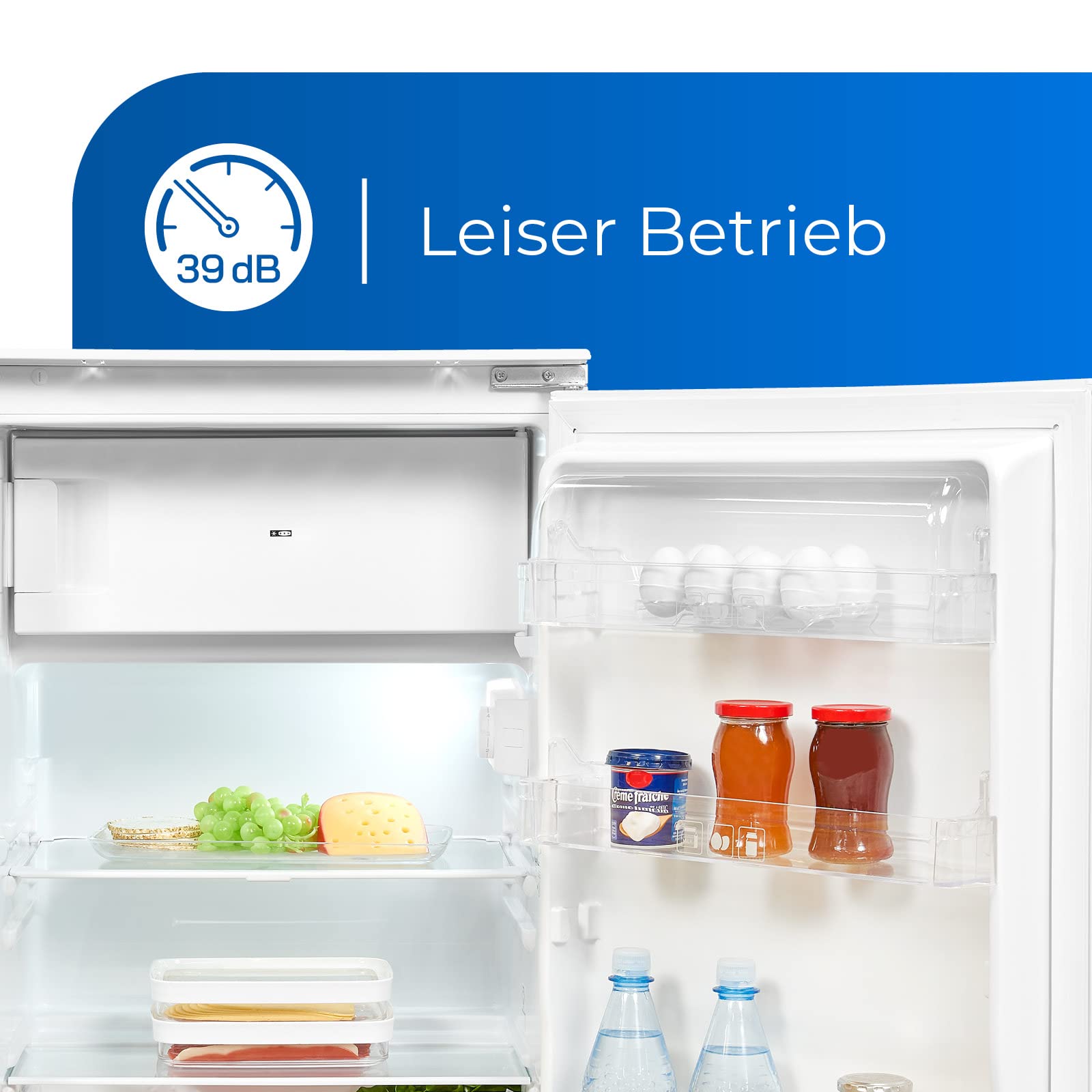 Exquisit EKS131-4-E-040E Einbaukühlschrank, Nischenhöhe 88 cm, 54 cm breit, 118L, Schlepptürmontage, große Gemüseschublade, LED Beleuchtung, Eierablagen