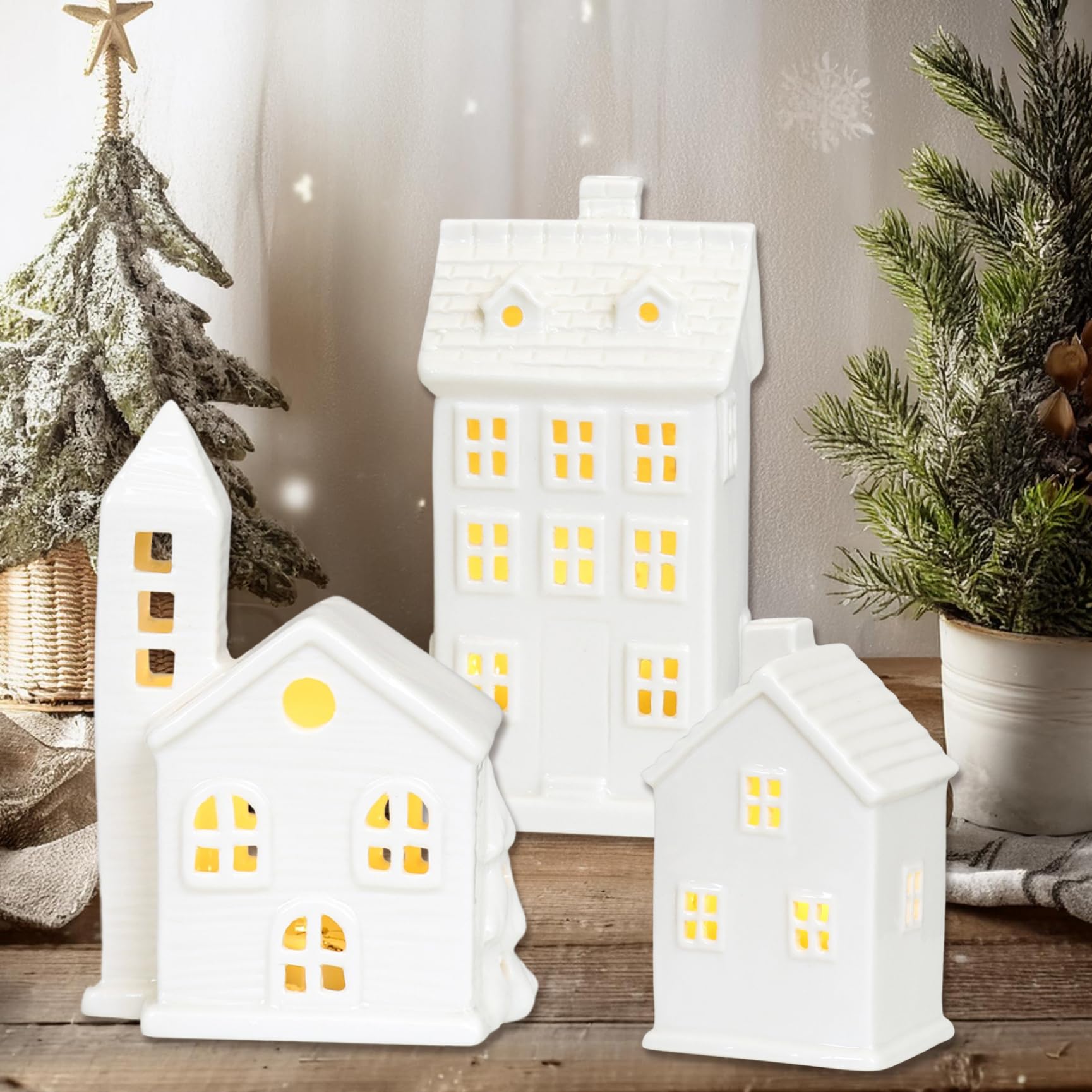 Figurine del villaggio di Natale, 3 pezzi Set di villaggi di Natale, casa in porcellana del villaggio di Natale in ceramica bianca Light Up Casa di Natale per decorazioni natalizie, figurine da col