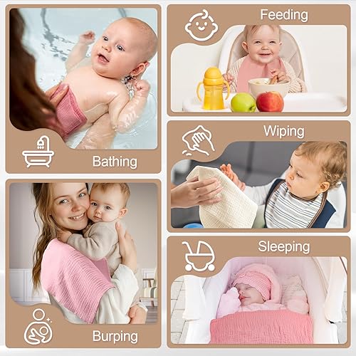 Miniatura 6 de MUKIN Toallas de muselina para bebés, toallas para recién nacidos, toalla de baño de algodón absorbente, paquete de 5, 12 x 12 pulgadas (abrazo