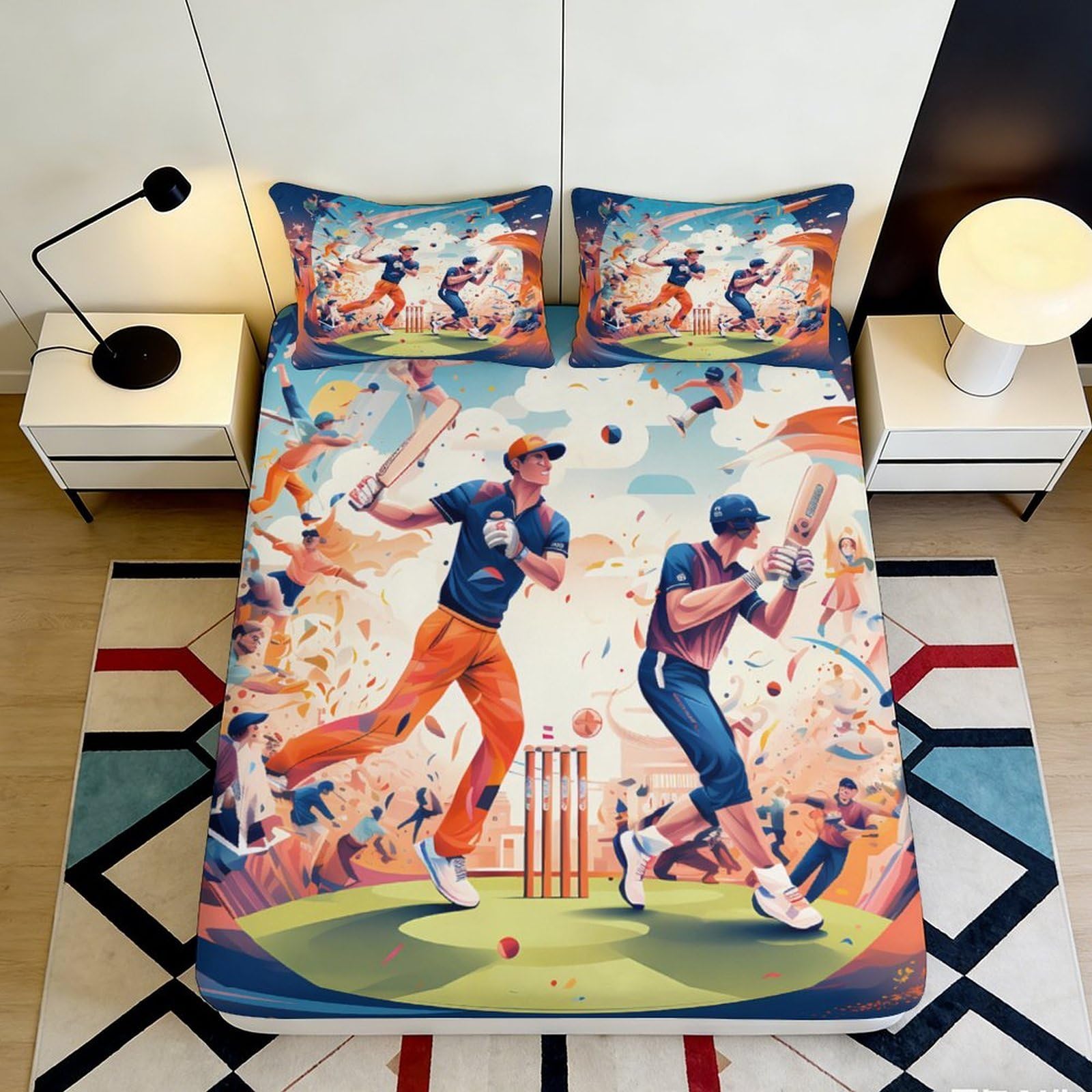 3D Printed Cricket Match Fitted Sheet Microfiber Soft Breathable Sports Fan Bed Cover for Bedroom Dorm Decor 90x200x25cm