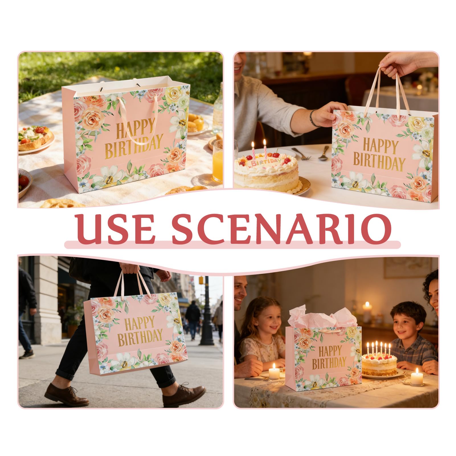 LUCTHY Large Birthday Gift Bag with Handles, 3 Tissue Papers, Card, Pink-1 - Image 4