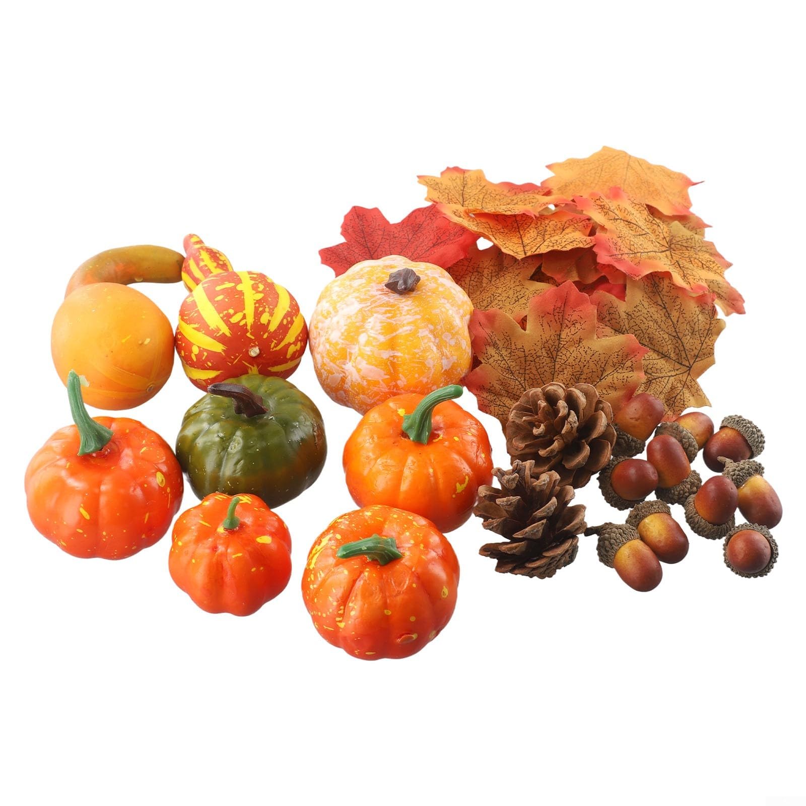 Drhomeam Halloween Thanksgiving Autumn Decoration Foam Pumpkins, 50pcs/ 70pcs/ 86pcs Silk Maple Leaves, Plastic Pinecones and Acorns for Harvest Autumn Season Halloween Thanksgiving Holiday(50pcs)