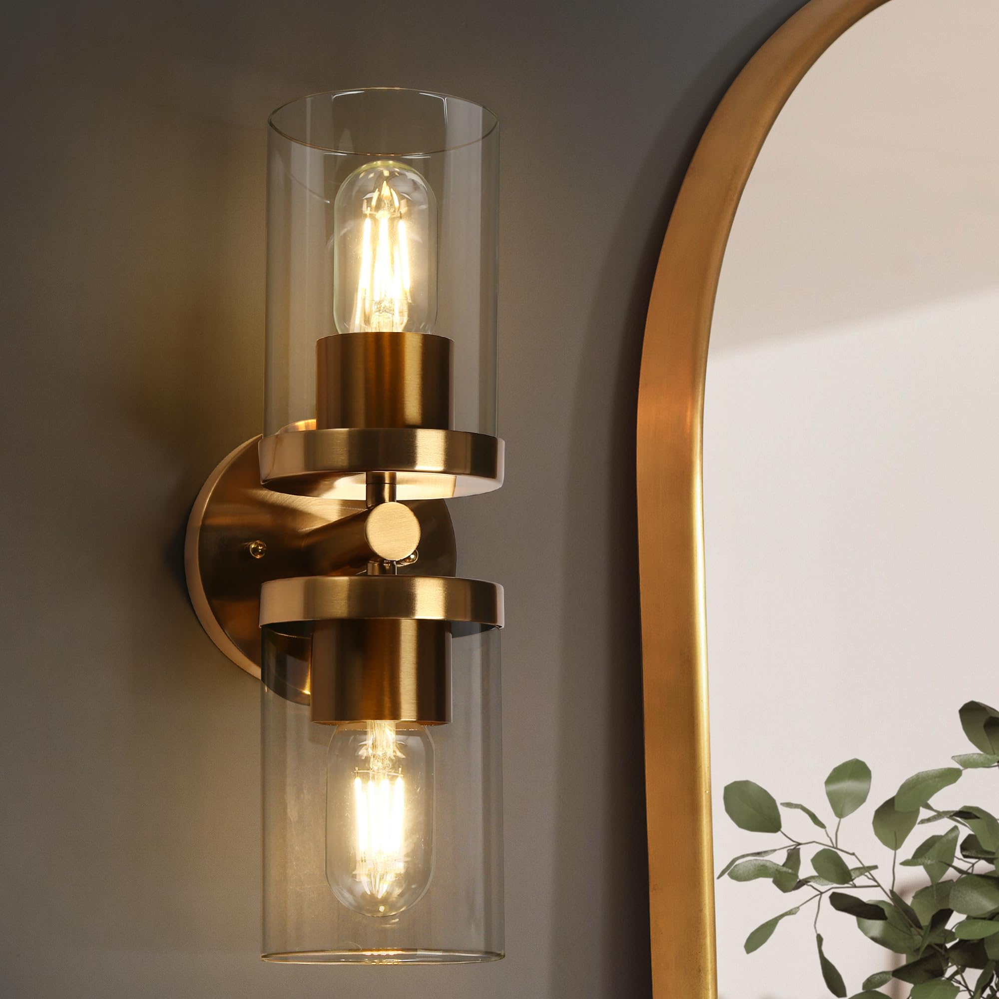 GEPOW Sconces Wall Lighting, Mid-Century Modern Wall Sconces 2 Light Gold Wall Light with Clear Glass Bathroom Light Fixtures for Bedroom, Living Room, Hallway, Entryway