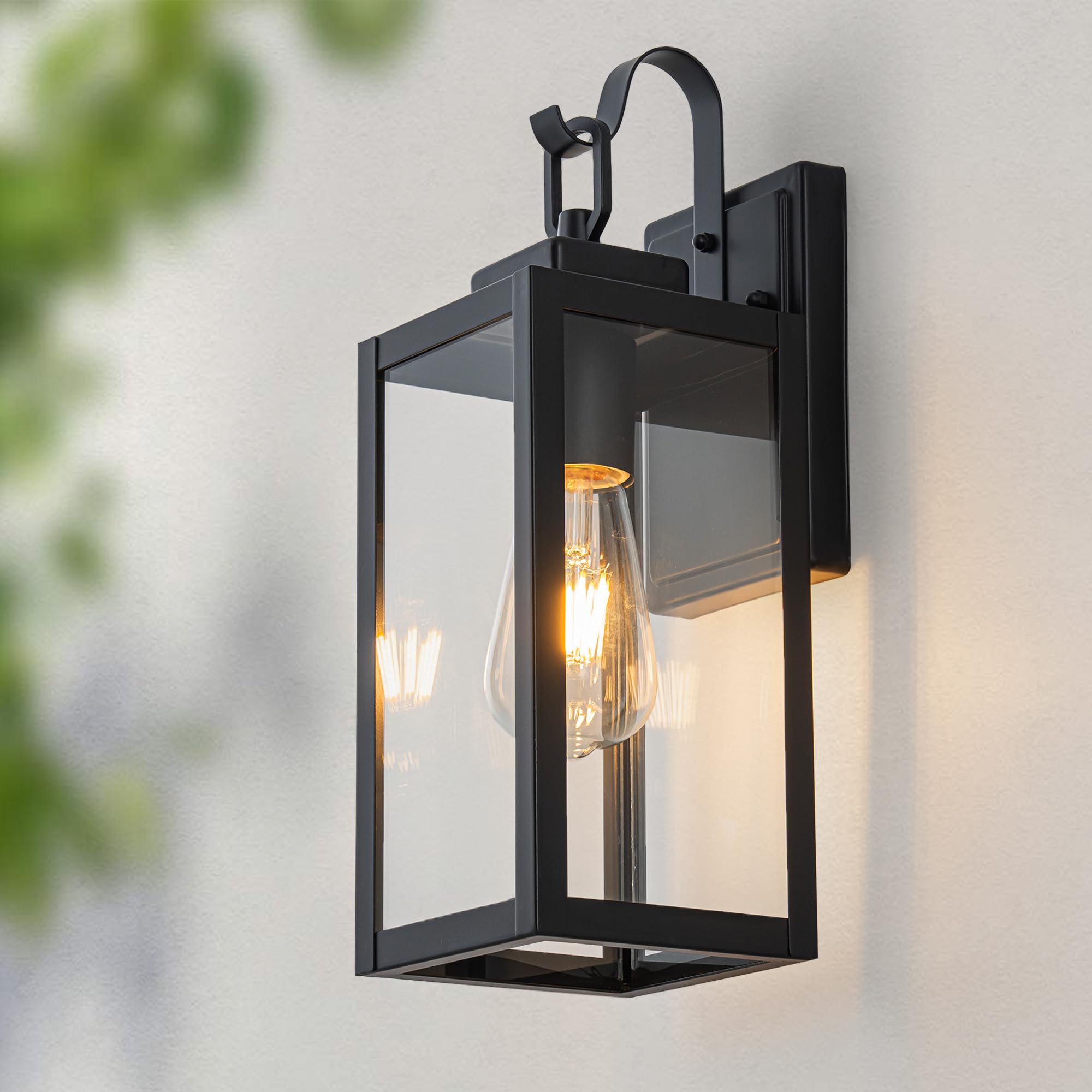 FTL Outdoor Wall Lights Fixture, Matte Black Exterior Lantern Garden Wall Scone with Clear Glass, Modern Front Porch Lighting, E27 Outside Wall Lamps for Patio, House, Garages, IP44 Waterproof