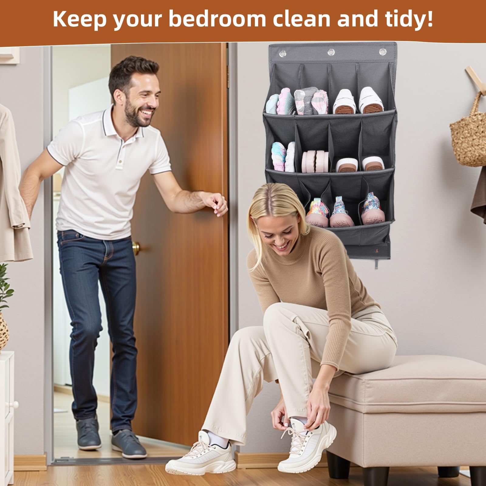 Organizer per scarpe da appendere, con gancio, porta scarpiera con 12 tasche profonde per armadio, organizer da appendere alla porta per campeggio, armadietto, dormitorio e camper, grigio