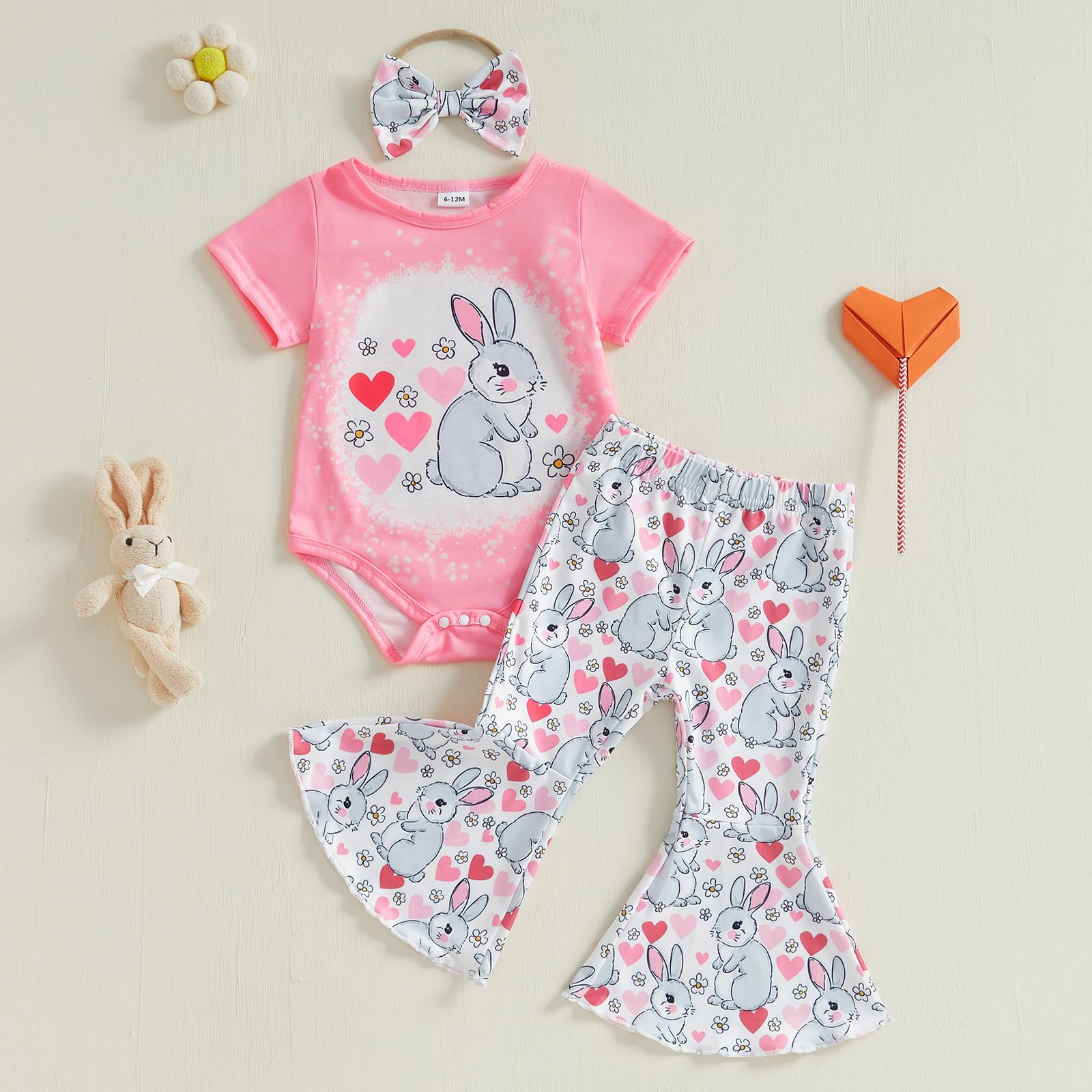 Easter Baby Girl Outfit Bunny/Carrot Short Sleeve T Shirt Flare Pants with Headband Infant Spring Clothes 0 3 6 12 18 Months (Bunny Pink, 0-3 Months)