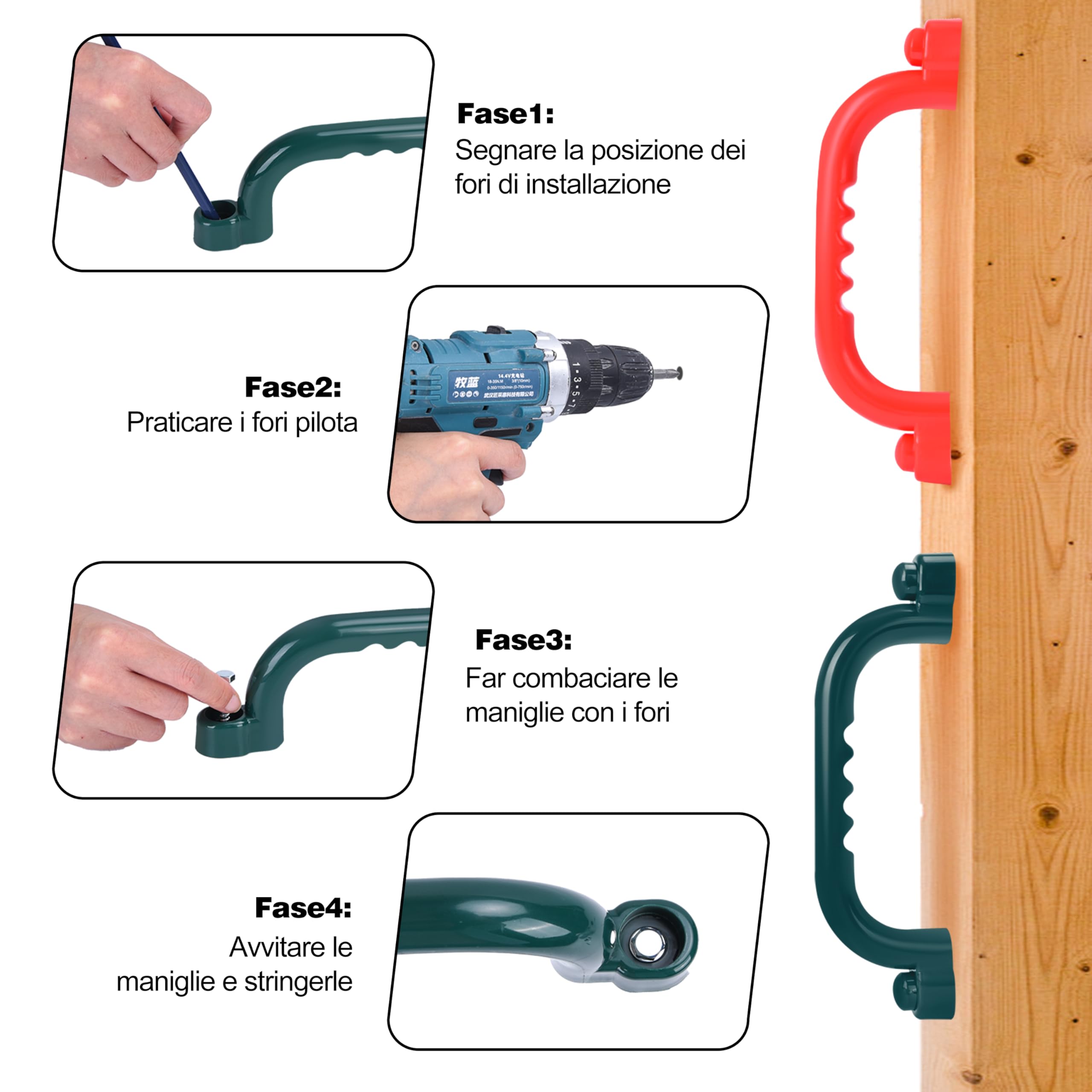 Charmofun Maniglia di Sicurezza per Parco Giochi, Maniglie per Telaio per Arrampicata, Maniglie Sicurezza Antiscivolo per Bambini, Accessori per Casetta da Gioco (Rosso e verde)