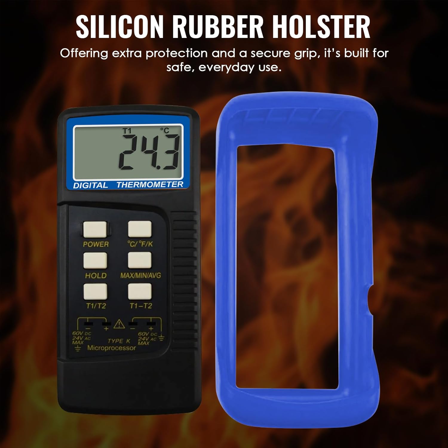 K-Type Thermocouple Thermometer (-50~1300°C) Range, Dual-Channel Digital Temperature Meter with 2 Temperature Clamps & 2 K Type Probe Sensors High-Accuracy MAX/MIN/AVG Kelvin/Celsius/Fahrenheit Tester