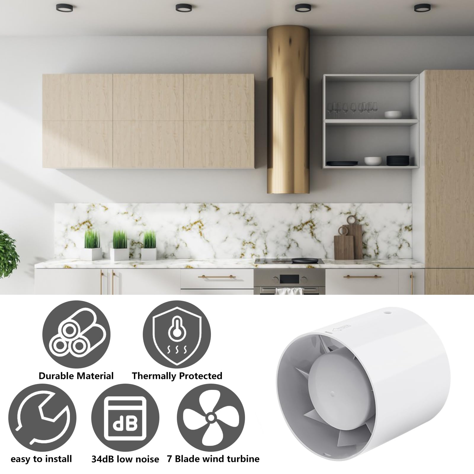Aspiratore da Bagno 100mm, Ventilatore da Condotto Aspiratore bagno Ventilatore di Estrazione Fumo 130m³/h 34dB Silenzioso, Estrattore Aria per Bagno Cucina Serra Tenda Garage