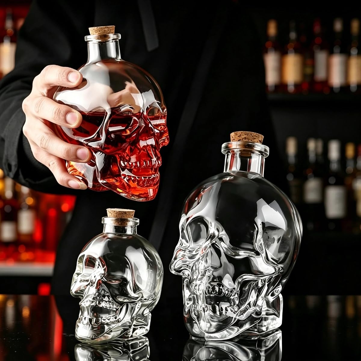 Szklana butelka na alkohol z trupią czaszką, z zamknięciem korkowym, 3 rozmiary 240/450/800 ml, przezroczysta butelka dekantująca do whisky, rumu, likieru i koktajli, prezent do baru domowego