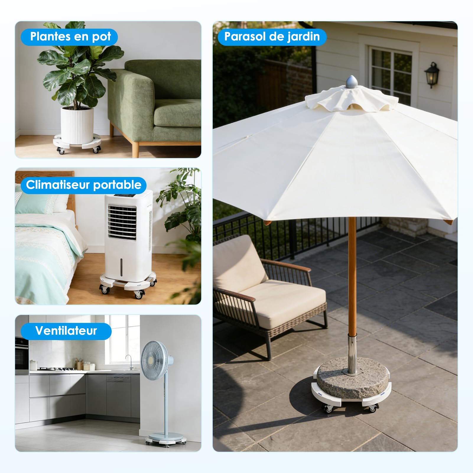 DEWEL Porte Plante a roulettes Réglable 30-50 cm, Support Plantes Interieur et Extérieur, Supports de Pots de Fleurs Charge 200kg, Support de Plante Mobile avec Roues Pivotantes,Blanc