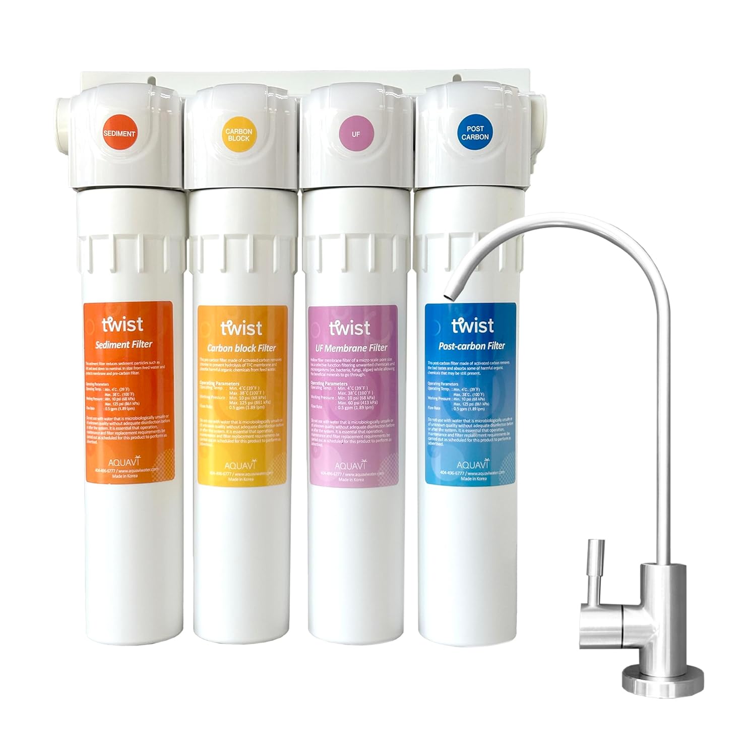 AQUAVI Twist Ultra-Filtration Mineral Under Sink Water Filter System, 4-Stage High Capacity, Remove 99.99% Contaminants, Quick Filter Change with Brushed Nickel Faucet