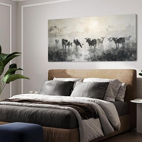 Miniatura 7 de LASMOND Arte de pared de vaca en blanco y negro para sala de estar, lienzo lavado de tinta, impresiones de ganado matutino, obra de arte vintage de