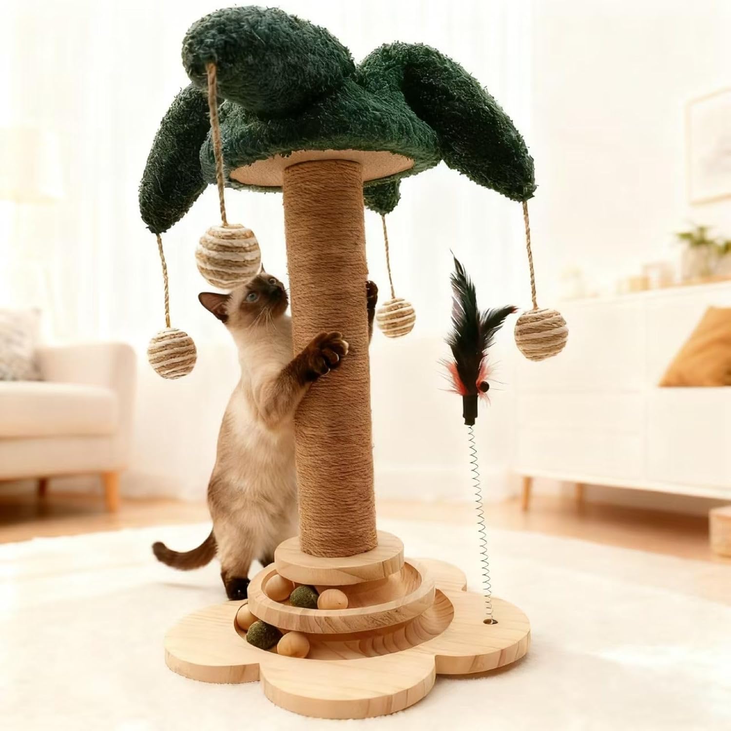 Cat Scratching Post, Sisal Cat Scratcher Posts with Interactive Trackball Toys for Indoor Cats, 19.6" Tall Scratch Tree Tower for Kitten, Flower Base