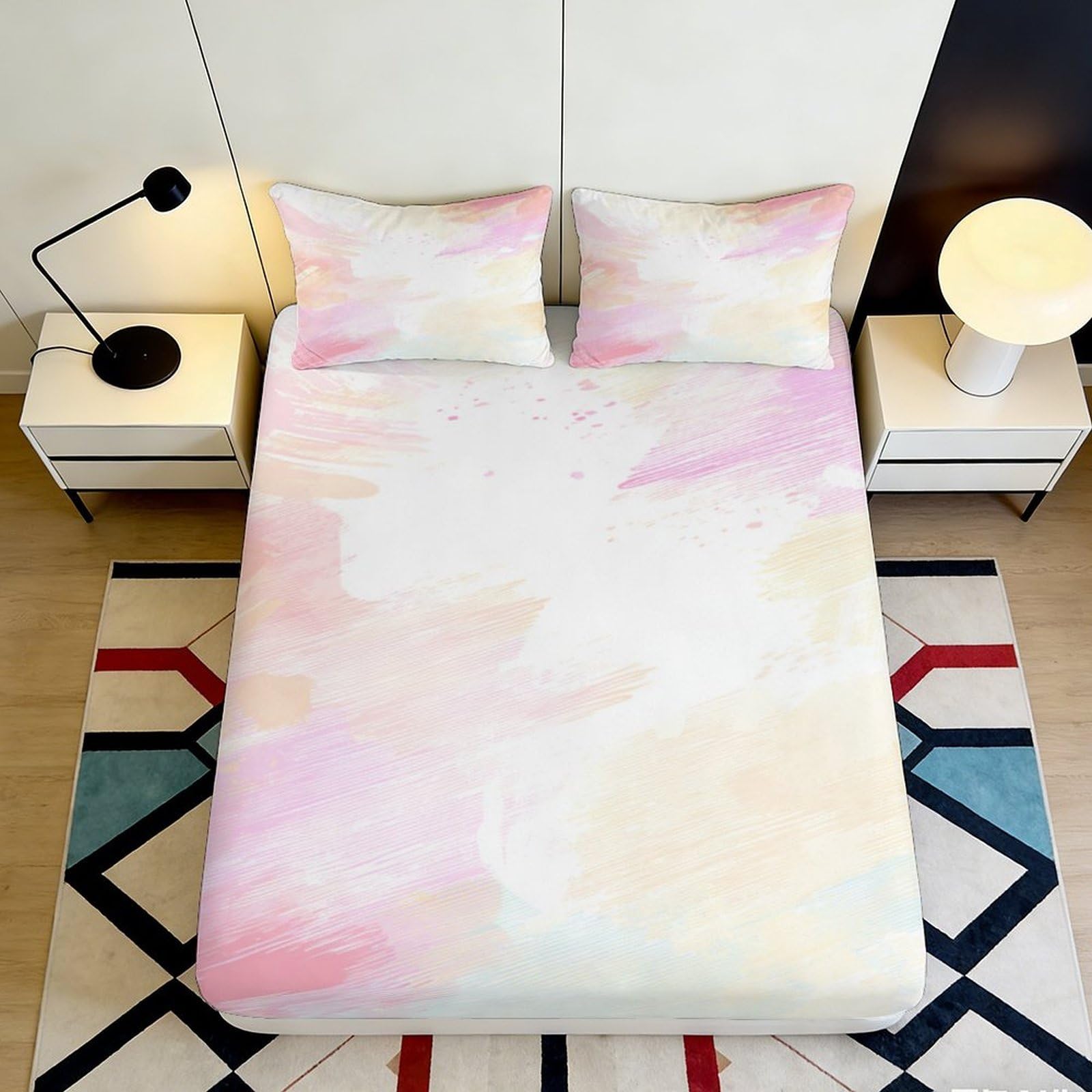 3D Printed Pastel Abstract Fitted Sheet Microfiber Soft Breathable Watercolor Mattress Cover for Bedroom Dormitory Guest Room Protection Decor 200x200x25cm
