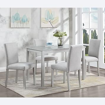 Harper & Bright Designs 5-Piece Dining Table Set with 4 Upholstered Chairs, Wooden Dining Room Table with Crystal Decoration and Chairs Set Silver Grey