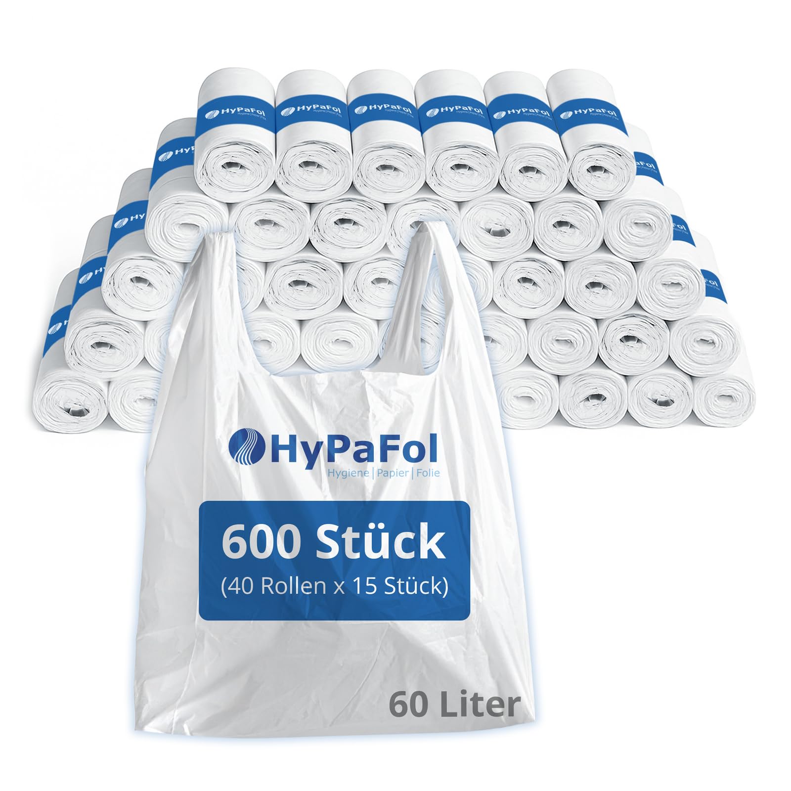 HDPE Müllbeutel 650x1000 mm weiß mit Tragegriff 60 l 600 Stück (40x15 Stück)