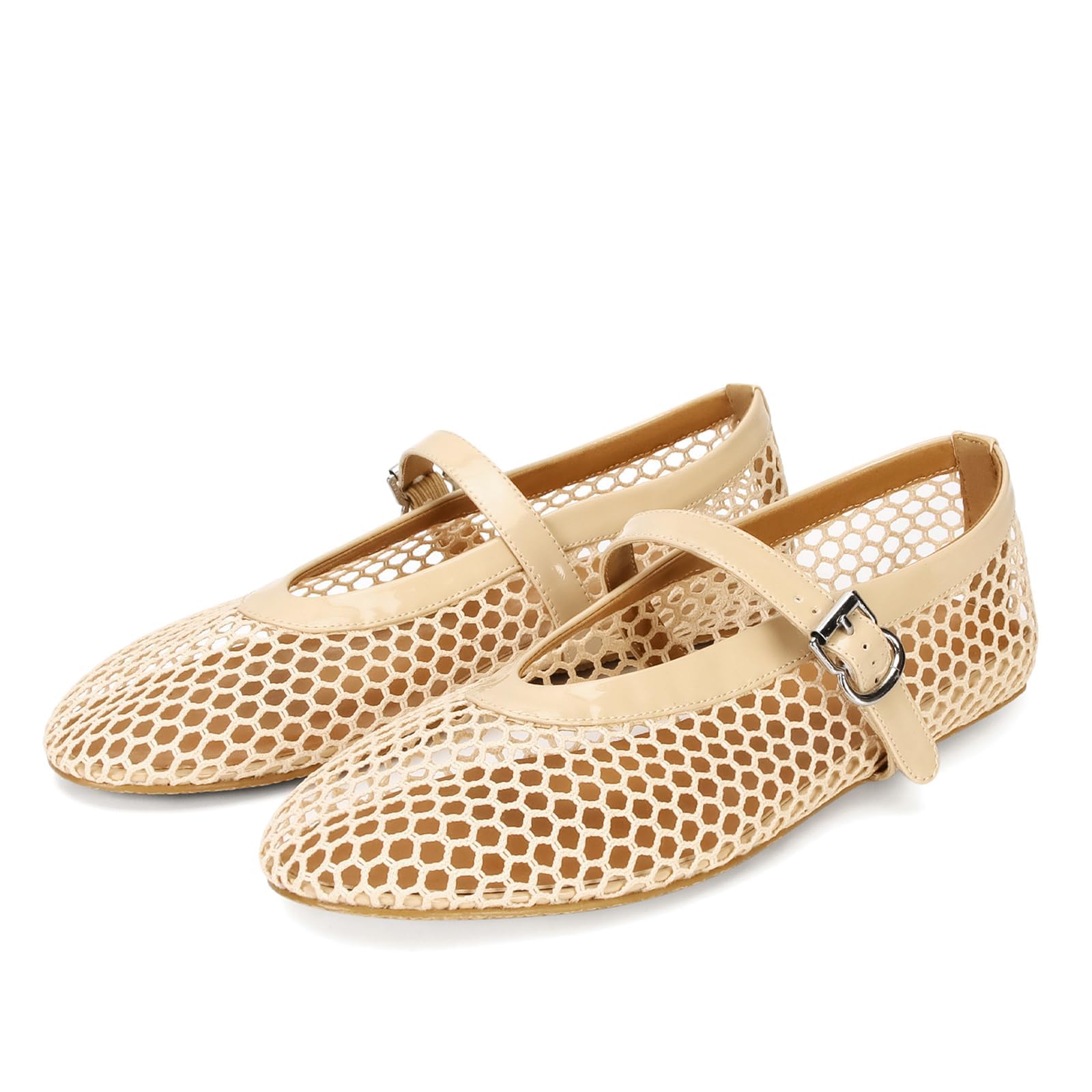 DOEYGMesh Ballet Flats for Women Buckle Strap Comfy Casual Office Fishnet Ballerina Flat Shoes